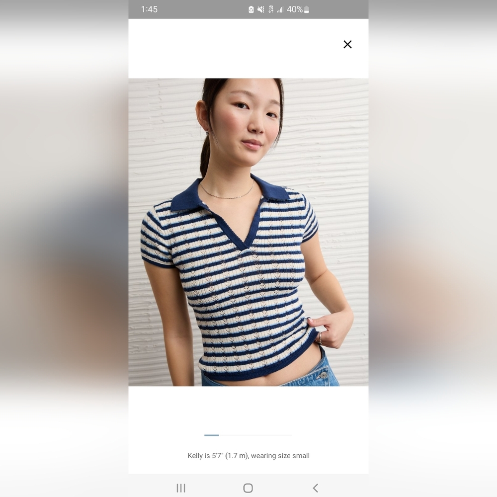 American Eagle Outfitters Navy & White Striped Knit Crop Polo